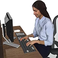 Woman Working at Office Desk Typing on Computer Keyboard With Mouse