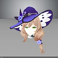 Fantasy Anime Girl With Purple Hat Blue Flower Lace Trim Blonde Hair Green Eyes