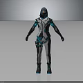 Futuristic Armored Sci Fi Character Wearing Blue And White Cybernetic Armor With Masked Helmet Design