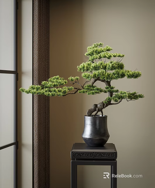 Elegant Oriental Bonsai Pine Tree with Lush Foliage in Black Clay Pot on Black Stand 3d model 