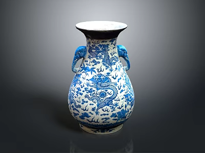 Traditional Blue And White Dragon Pattern Vase With Elephant Ear Handles Sculpture Carving 3d model