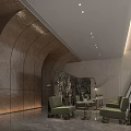 Elegant Modern Hotel Public Lounge With Curved Bronze Wall And Comfortable Upholstered Seats