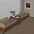 Light Beige Banquette Sofa In Room With White Blinds Green Plant And Red Abstract Painting
