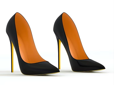 Stylish Black High Heel Shoes With Pointed Toe Orange Insole And Yellow Heel 3d model