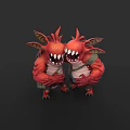 Two Red Fantasy Creature Characters With Large Mouths Sharp Teeth And Green Overalls 3d model