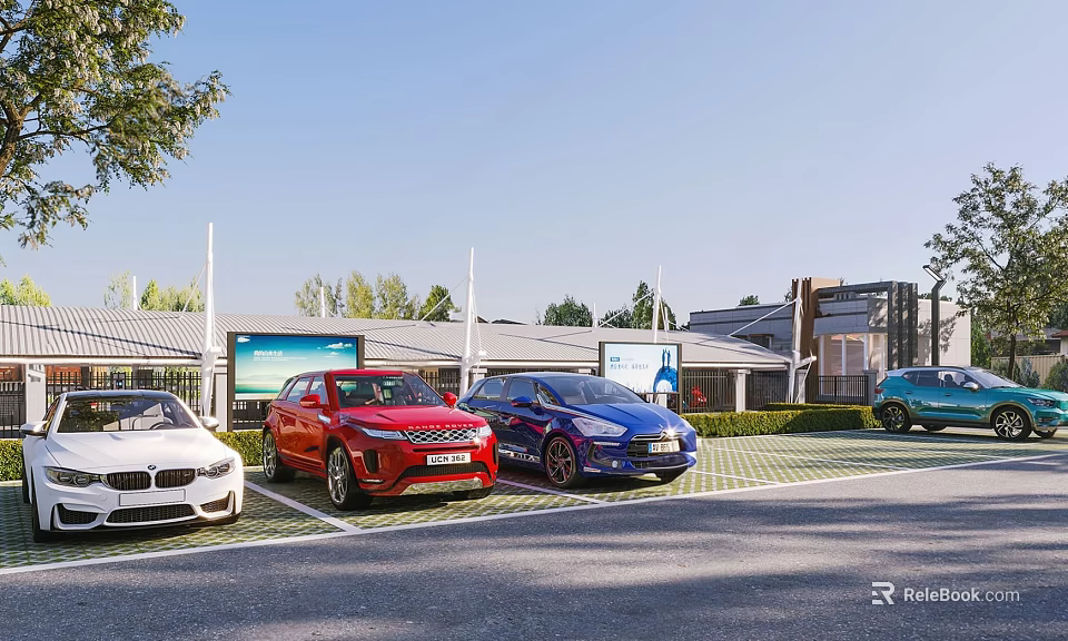 Parking Lot Scene With Multiple Colored Cars Building Background Blue Sky And Green Trees 3d model 
