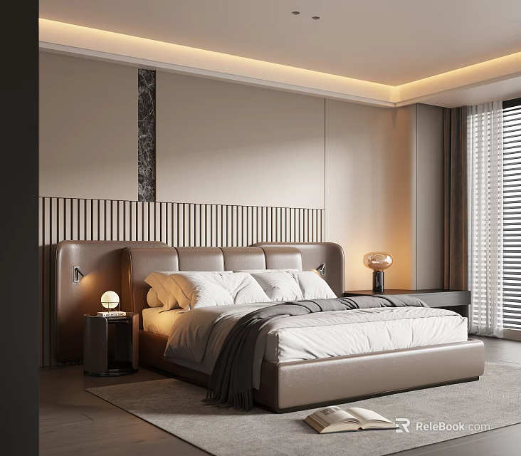 Modern Bedroom Interior With Striped Headboard Leather Bed Nightstand Lamp And Curtains 3d model 