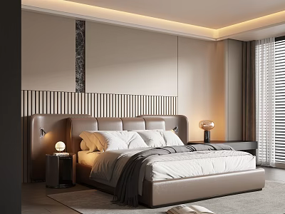 Modern Bedroom Interior With Striped Headboard Leather Bed Nightstand Lamp And Curtains 3d model