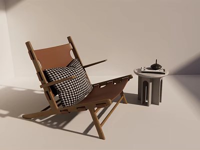Stylish Leisure Chair With Wooden Frame Brown Cushion Checkered Pillow And Side Table 3d model