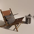 Stylish Leisure Chair With Wooden Frame Brown Cushion Checkered Pillow And Side Table