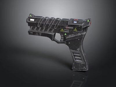 Futuristic Black Pistol Weapon with Textured Surface and Warning Symbols 3d model