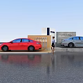 Beijing Auto Car Exhibition Display Shelves With Red And Silver Vehicles And People