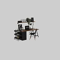 Modern Office Desk And Chair Set With Wooden Top Black Frame Table Lamp And Plant