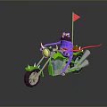 Green Motorcycle With Purple Character Wearing Helmet Red Ribbon And Red Flag On Gray Background