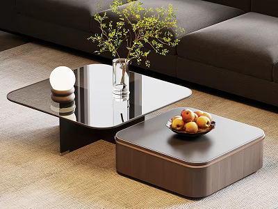 Modern Coffee Tables With Black Glass Top Brown Wooden Design And Decorative Vase Fruits Bowl 3d model