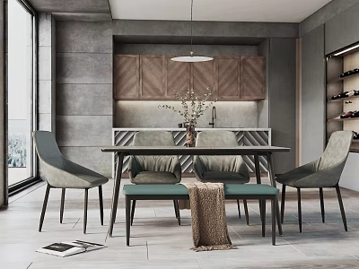 Modern Restaurant Interior With Gray Walls Wooden Cabinets Dining Table Green Bench And Pendant Light 3d model