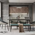 Modern Restaurant Interior With Gray Walls Wooden Cabinets Dining Table Green Bench And Pendant Light