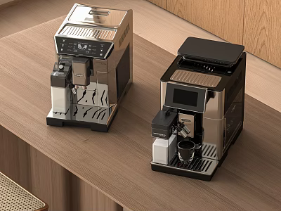 Modern Kitchen Coffee Machines On Wooden Countertop With Stainless Steel Finish 3d model