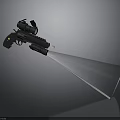 Black Tactical Gun With Attachments And Laser Beam On Grey Background