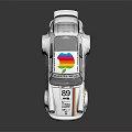 White Race Car With Number 89 Rainbow Stripes Rear Spoiler And Sponsor Logos