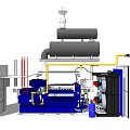 Industrial Equipment Setup With Blue Generator Gray Storage Tanks Exhaust Stack And Piping System