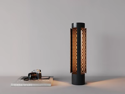 Stylish Cylindrical Table Lamp With Textured Woven Shade And Vintage Camera With Magazine On Desk 3d model