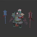 Armored Bear Warrior Creature With Spears And Red Ribbon Decorations 3d model