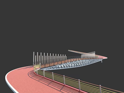Modern Scenic Landscape Bridge With Curved Red Deck Metal Railings And Vertical Pillars 3d model