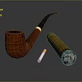 Classic Smoking Accessories With Wooden Pipe Burning Cigar And Cigarette On Dark Surface