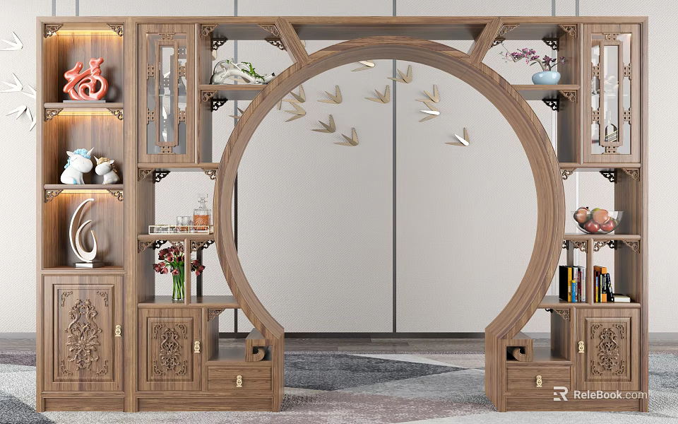 Traditional Chinese Wooden Circular Archway With Ornamental Bookshelves And Vases 3d model 