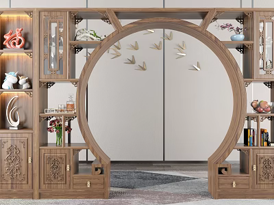Traditional Chinese Wooden Circular Archway With Ornamental Bookshelves And Vases 3d model