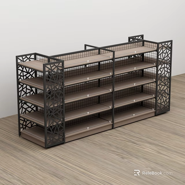 Convenience Store Shelves With Intricate Metal Frame And Wooden Storage Layers 3d model 
