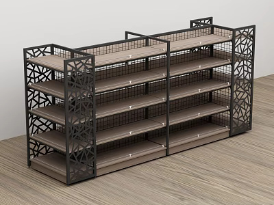 Convenience Store Shelves With Intricate Metal Frame And Wooden Storage Layers 3d model