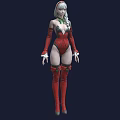 Woman With Silver White Hair Wearing Red Bodysuit Red Thigh High Boots And Green Decorations
