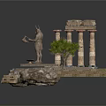 Ancient Greek Architectural Scene With Columns Statue Tree Stone Base And Platform