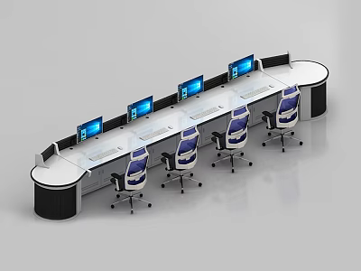 Curved Office Desk Setup With Multiple Computer Monitors And Blue Office Chairs 3d model
