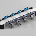Curved Office Desk Setup With Multiple Computer Monitors And Blue Office Chairs