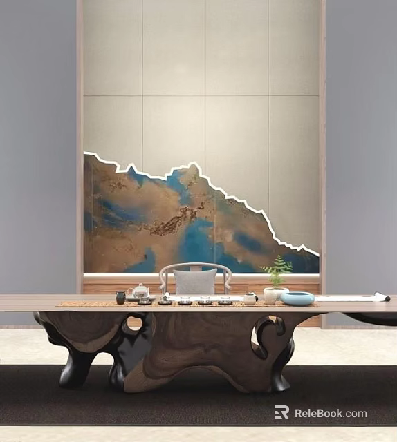 Traditional Chinese Tea Table and Chairs with Mountain Landscape Wall Art and Tea Set 3d model 