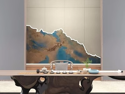 Traditional Chinese Tea Table and Chairs with Mountain Landscape Wall Art and Tea Set 3d model