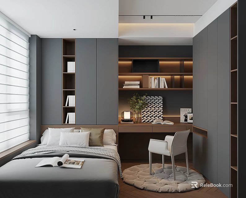 Tatami Bedroom Interior Design With Tatami Bed Built in Bookshelves Wooden Desk And Warm Lighting 3d model 