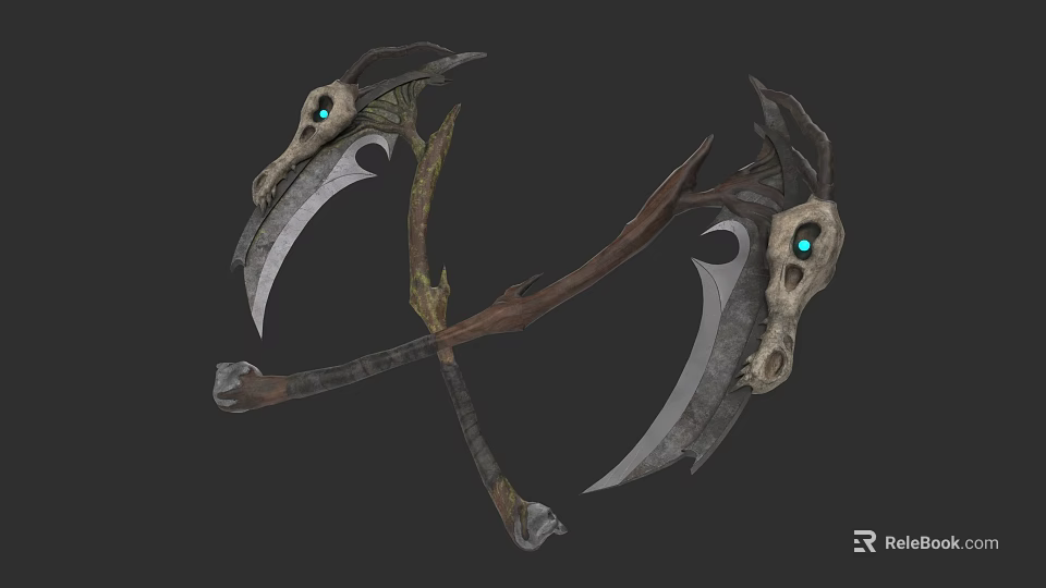 Scythe Weapon Design With Skull Head Green Eyes Crossed Blades And Wooden Handle 3d model 