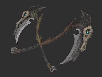 Scythe Weapon Design With Skull Head Green Eyes Crossed Blades And Wooden Handle 3d model