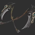Scythe Weapon Design With Skull Head Green Eyes Crossed Blades And Wooden Handle
