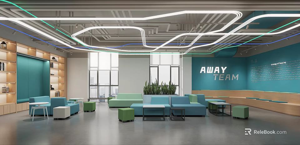 Modern Open Break Room Design With Turquoise Sofas Green Plants And Team Slogan AWAY TEAM 3d model