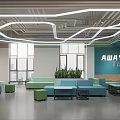 Modern Open Break Room Design With Turquoise Sofas Green Plants And Team Slogan AWAY TEAM 3d model