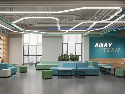Modern Open Break Room Design With Turquoise Sofas Green Plants And Team Slogan AWAY TEAM 3d model