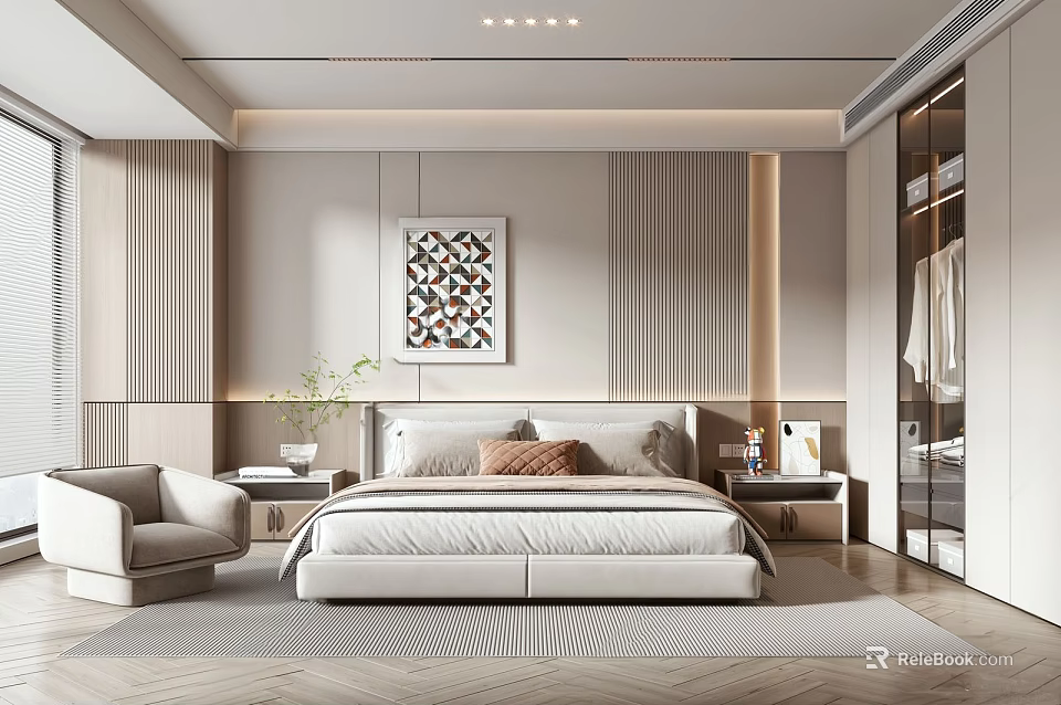 Modern Bedroom Interior Design With Bed Accent Chair Decorative Painting And Wardrobe 3d model 