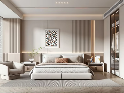 Modern Bedroom Interior Design With Bed Accent Chair Decorative Painting And Wardrobe 3d model