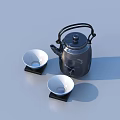 Black Teapot With Two White Teacups On Black Coasters For Daily Use 3d model