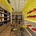 Bright Modern Interior Design With Curved Counter Bookshelves And Tiled Walls